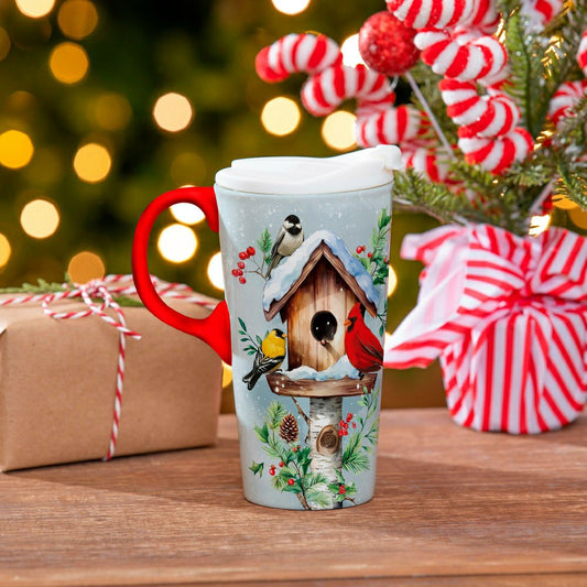 Plow & Hearth Snowbirds Travel Cup Ceramic Perfect Cup, Birdhouse and Birds, 17oz, G
