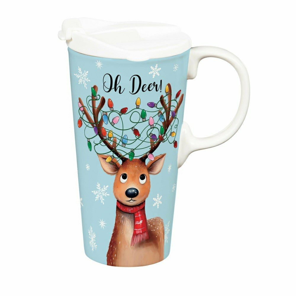 Plow & Hearth Twas The Night Travel Cup Ceramic Perfect Cup, Reindeer, 17oz, Gift Bo