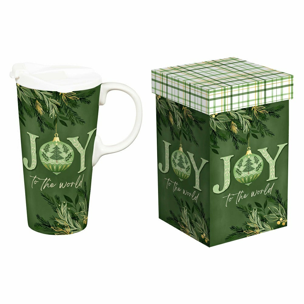 Plow & Hearth Shades of Emerald Travel Cup Ceramic Perfect Cup, Joy, 17oz, Gift Box