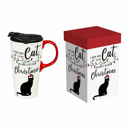 Plow & Hearth Heartfelt Cheer Travel Cup Ceramic Perfect Cup, Cat, 17oz, Gift Box