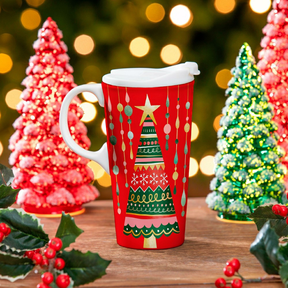 Plow & Hearth Twas The Night Travel Cup Ceramic Perfect Cup, Christmas Tree, 17oz, G