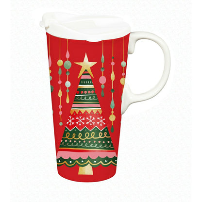 Plow & Hearth Twas The Night Travel Cup Ceramic Perfect Cup, Christmas Tree, 17oz, G