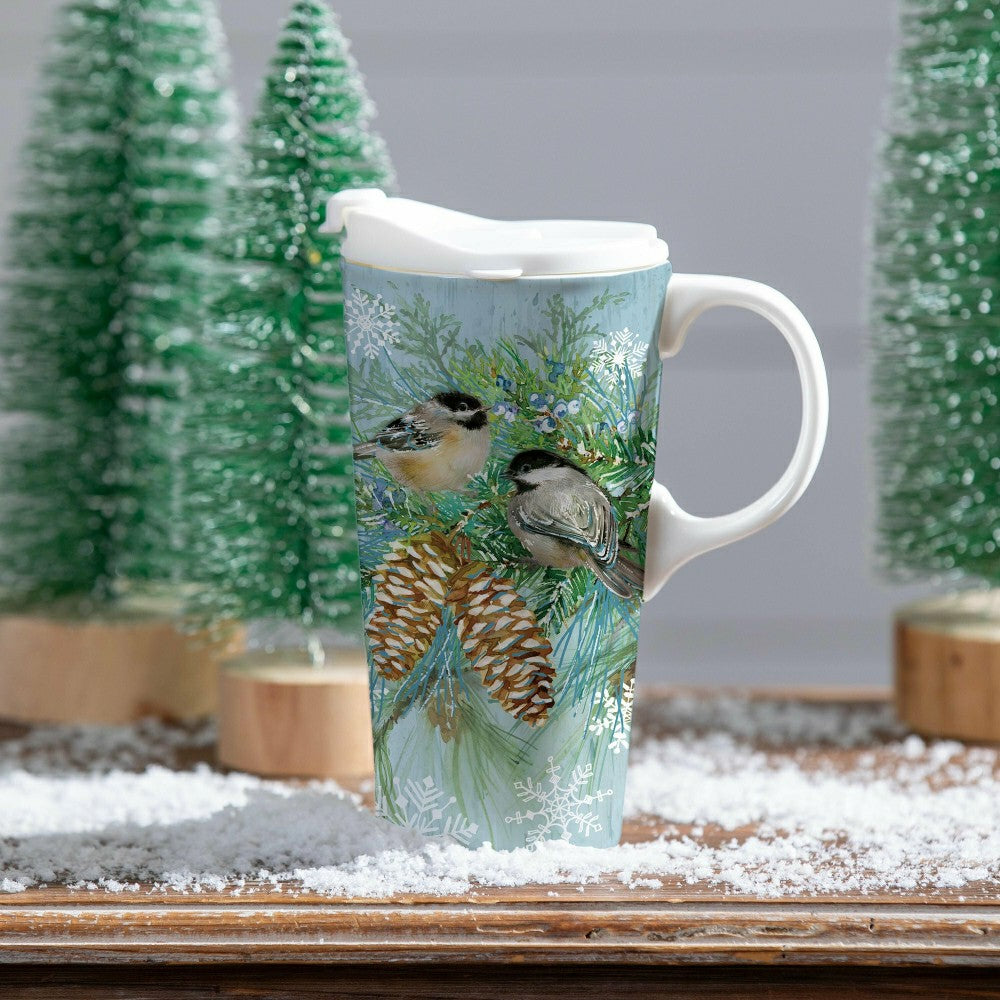 Plow & Hearth Snowbirds Travel Cup Ceramic Perfect Cup, Winter Frost Chickadees, 17o