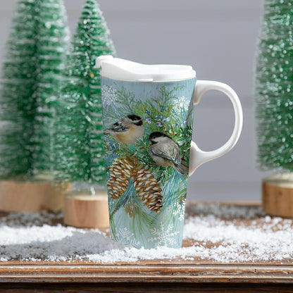 Plow & Hearth Snowbirds Travel Cup Ceramic Perfect Cup, Winter Frost Chickadees, 17o
