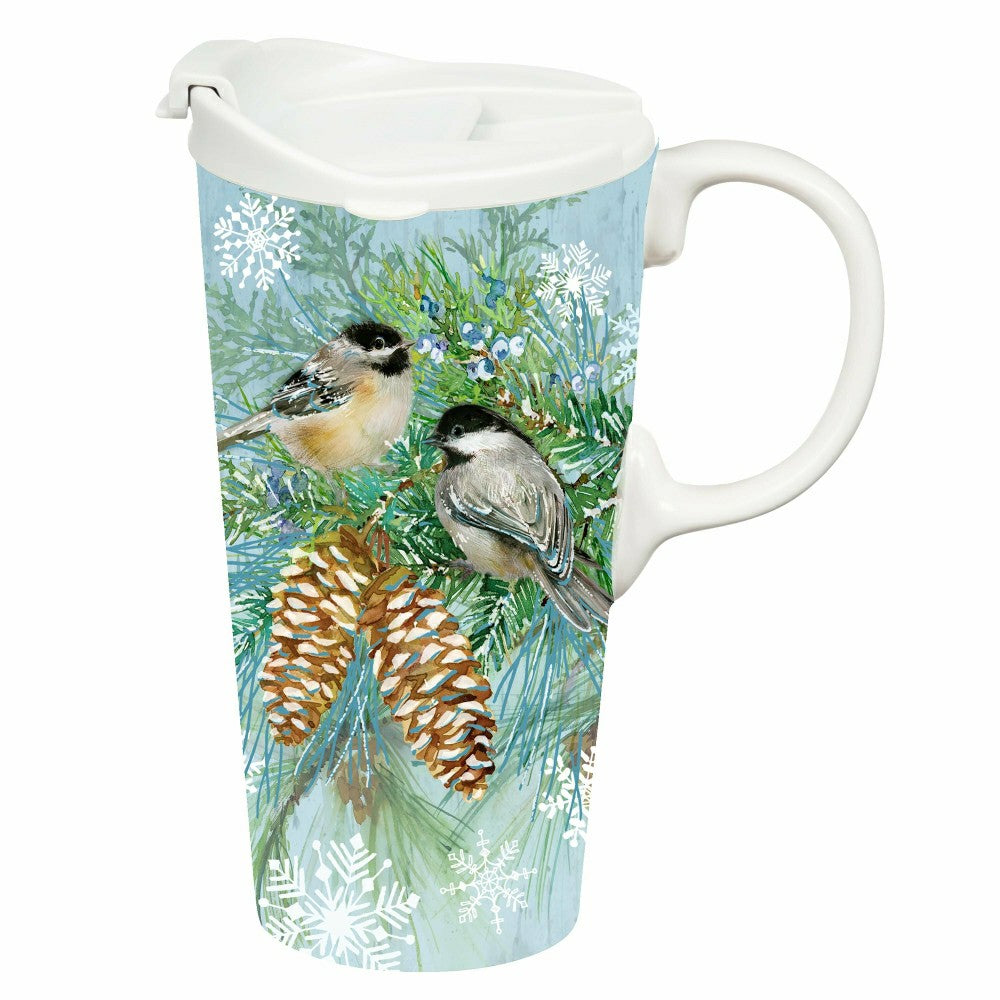 Plow & Hearth Snowbirds Travel Cup Ceramic Perfect Cup, Winter Frost Chickadees, 17o