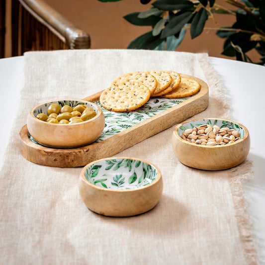 Plow & Hearth Olive Oasis 3-Section Wood Server with Bowls, 13"L