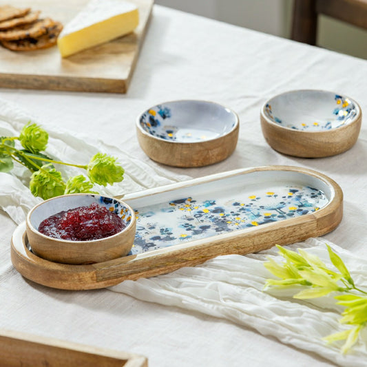 Plow & Hearth VivaStyle Gilded Meadow Wooden Tray with 3 Bowls, Set of 4