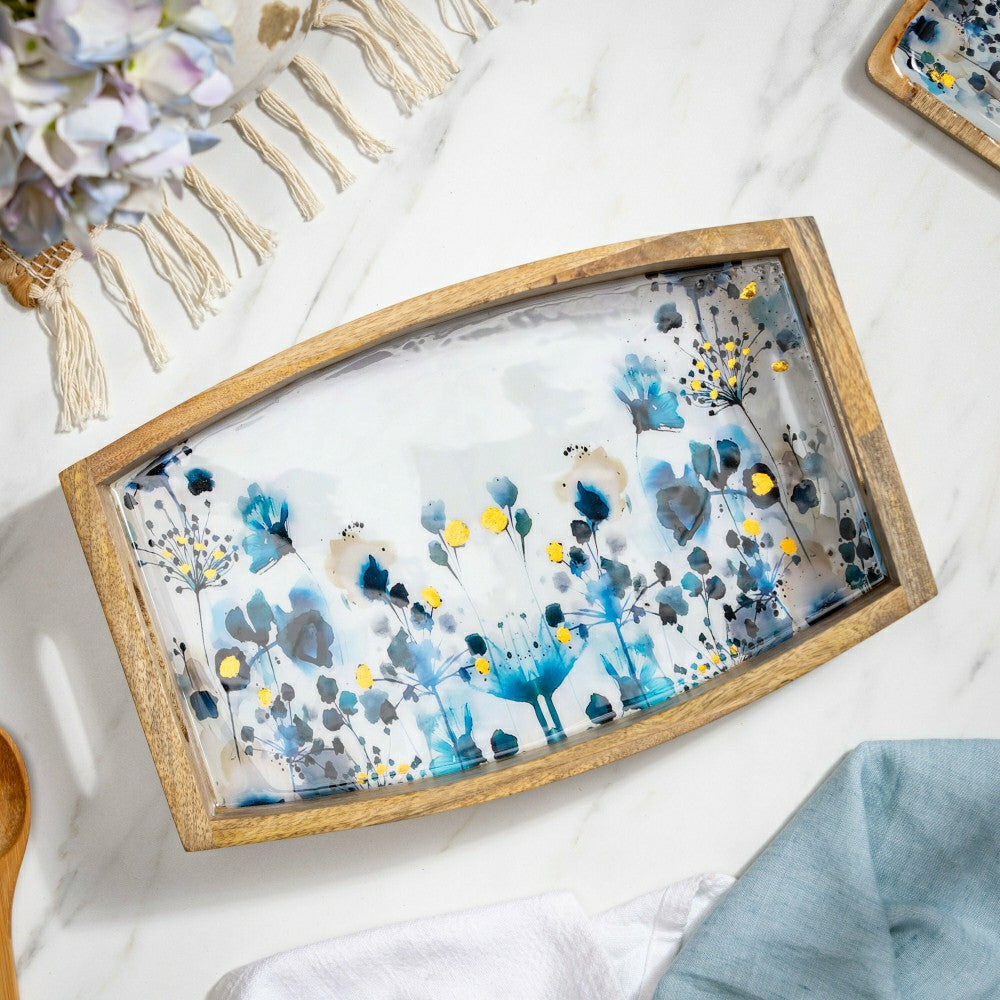 Plow & Hearth VivaStyle Gilded Meadow Serveware, Wood Serving Tray with Handles,15"L