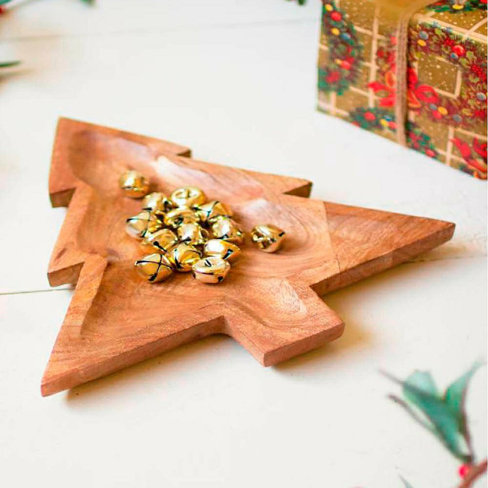 Plow & Hearth Carved Wood Christmas Tree Platter