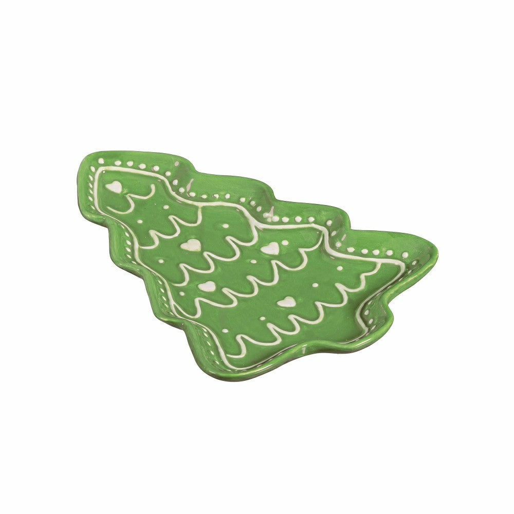 Plow & Hearth Shades of Green Tree Shaped 8.25" Embossed Ceramic Appetizer Plate, Se