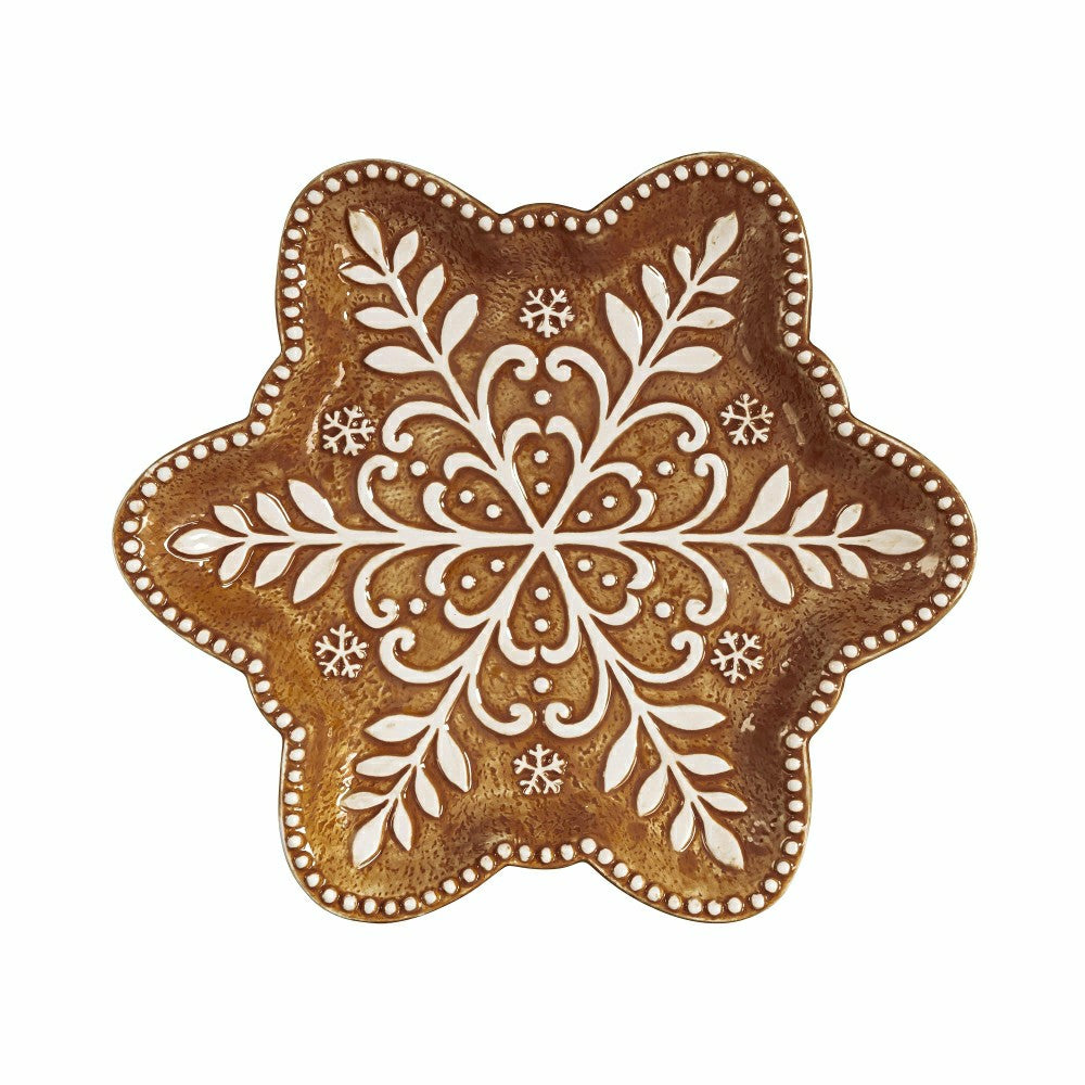 Plow & Hearth Baking Spirits Bright Gingerbread Snowflake Shaped 9" Embossed Ceramic