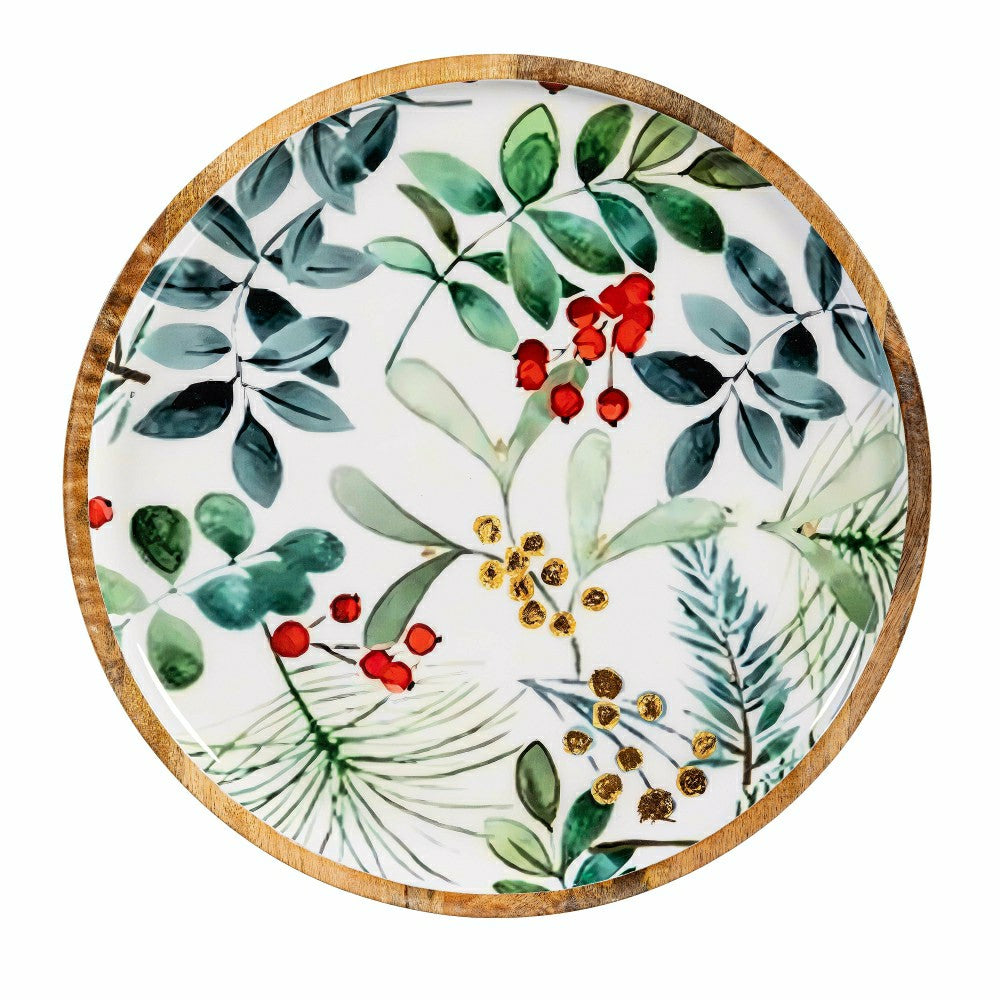 Plow & Hearth VivaStyle Platter, Round Wood Platter, Festive Foliage, 14"L