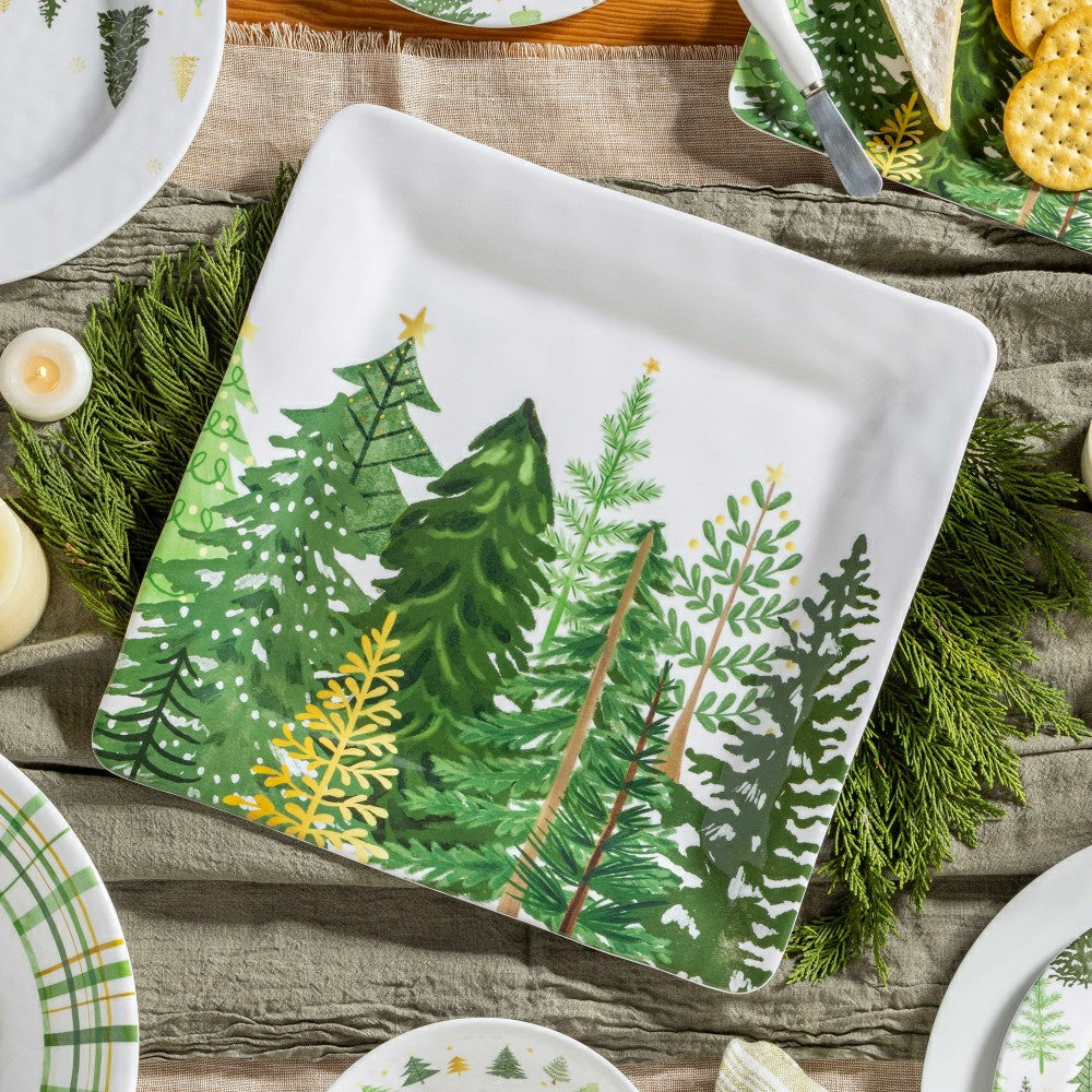 Plow & Hearth Shades of Green 13.5" Evergreens Platter, Set of 4