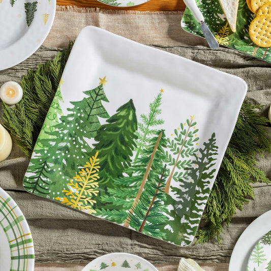 Plow & Hearth Shades of Green 13.5" Evergreens Platter, Set of 4