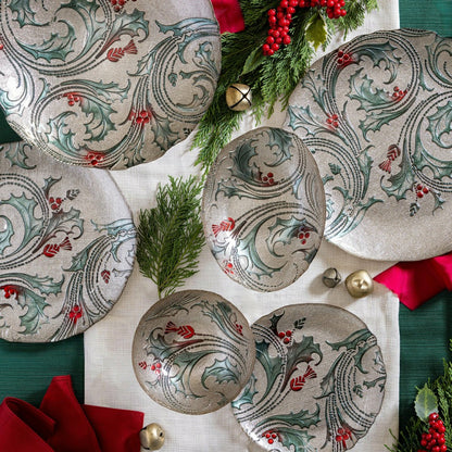 Plow & Hearth Joyful Traditions Bowl Glass Holly and Berries Footed Bowl, 8.25"L