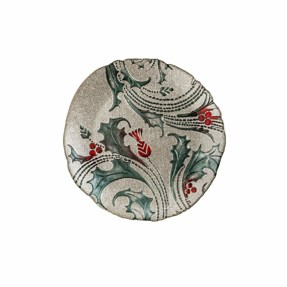 Plow & Hearth Joyful Traditions Holly and Berries 8.25" Glass Salad Plate, Set of 6