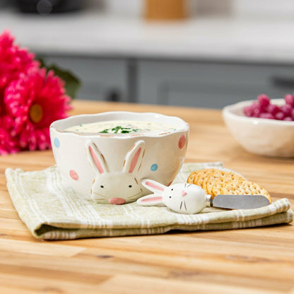 Plow & Hearth Hop Into Spring Serveware Ceramic Bunny Bowl and Spreader, Set of 2