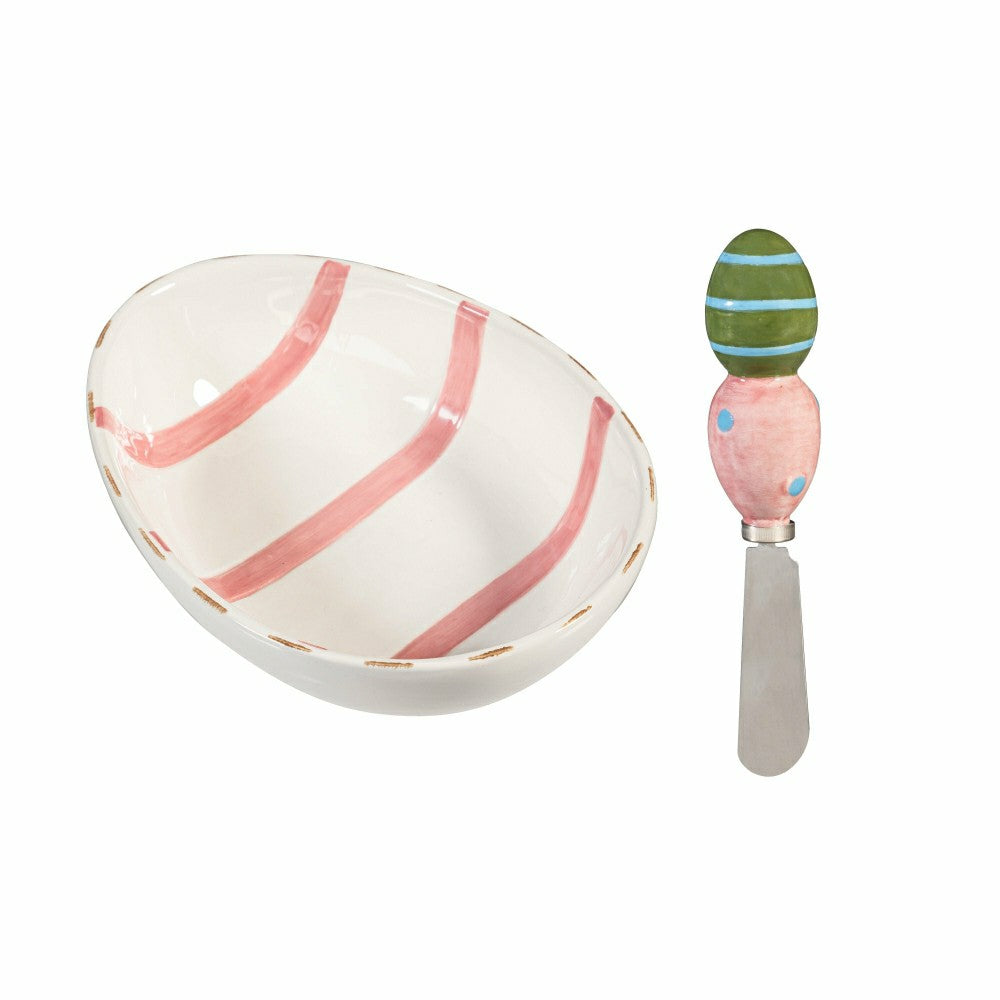 Plow & Hearth Bunny Blooms Serveware Ceramic Easter Egg Bowl and Spreader, Set of 2
