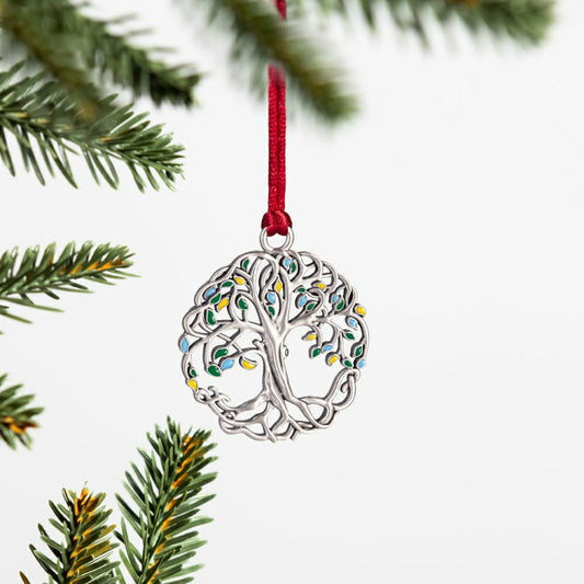 Plow & Hearth Large Tree of Life Solid Pewter Ornament with Colorful Leaves