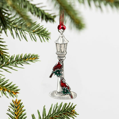 Plow & Hearth Joyful Traditions Ornament Solid Pewter Lamp Post with Cardinals, 3.5"