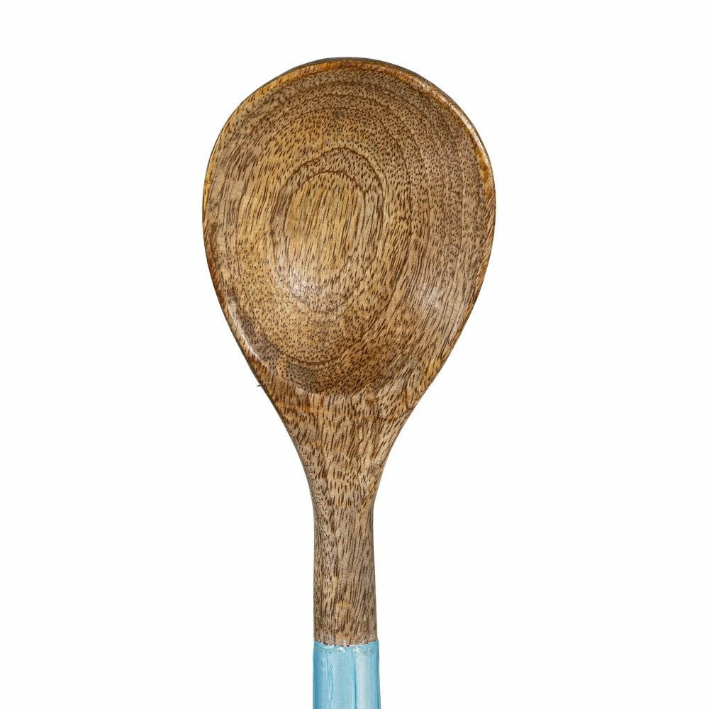 Plow & Hearth Blue Coastal Serving Utensil Wood with Scalloped Enamel Salad Servers, Set of 2