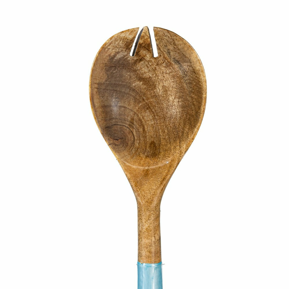 Plow & Hearth Blue Coastal Serving Utensil Wood with Scalloped Enamel Salad Servers, Set of 2