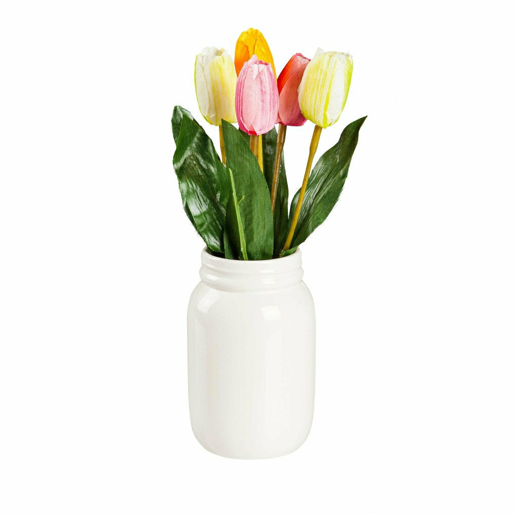 Plow & Hearth Bunny Blooms Faux Floral Table Decor Artificial Tulips in Ceramic Jars
