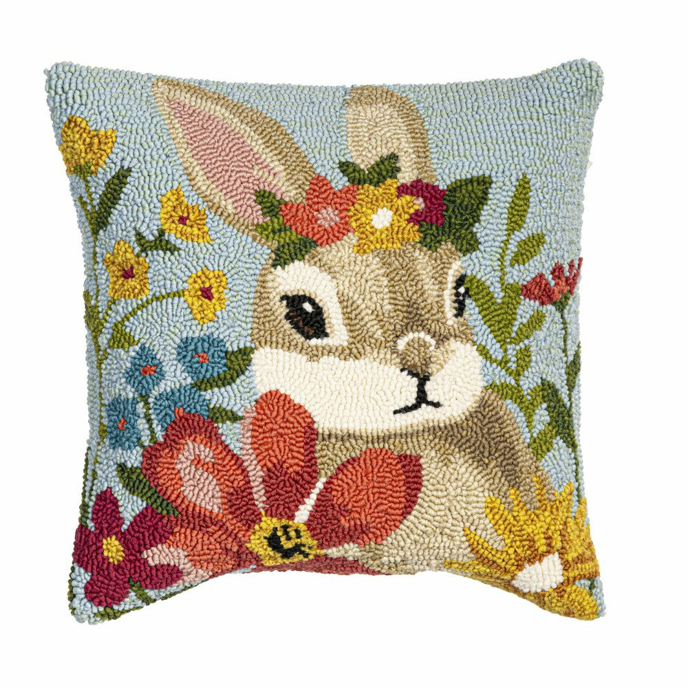 Plow & Hearth Bunny Blooms Floral Indoor/Outdoor Hooked Pillow 18"x18"