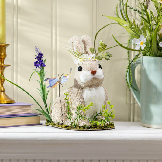 Plow & Hearth Hop Into Spring Table Decor Natural Fiber Floral Bunny with Butterfly,