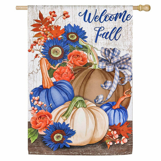 Plow & Hearth Welcome Fall Pumpkin and Floral Suede House Flag