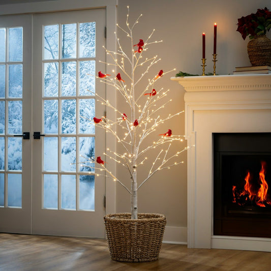 Plow & Hearth Snowbirds Tree Cardinal Birch with Cardinals Indoor/Outdoor LED Tree,