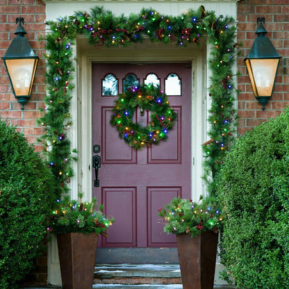 Plow & Hearth Indoor/Outdoor Blue Ridge Wreath with Battery-Operated Dual-Function L