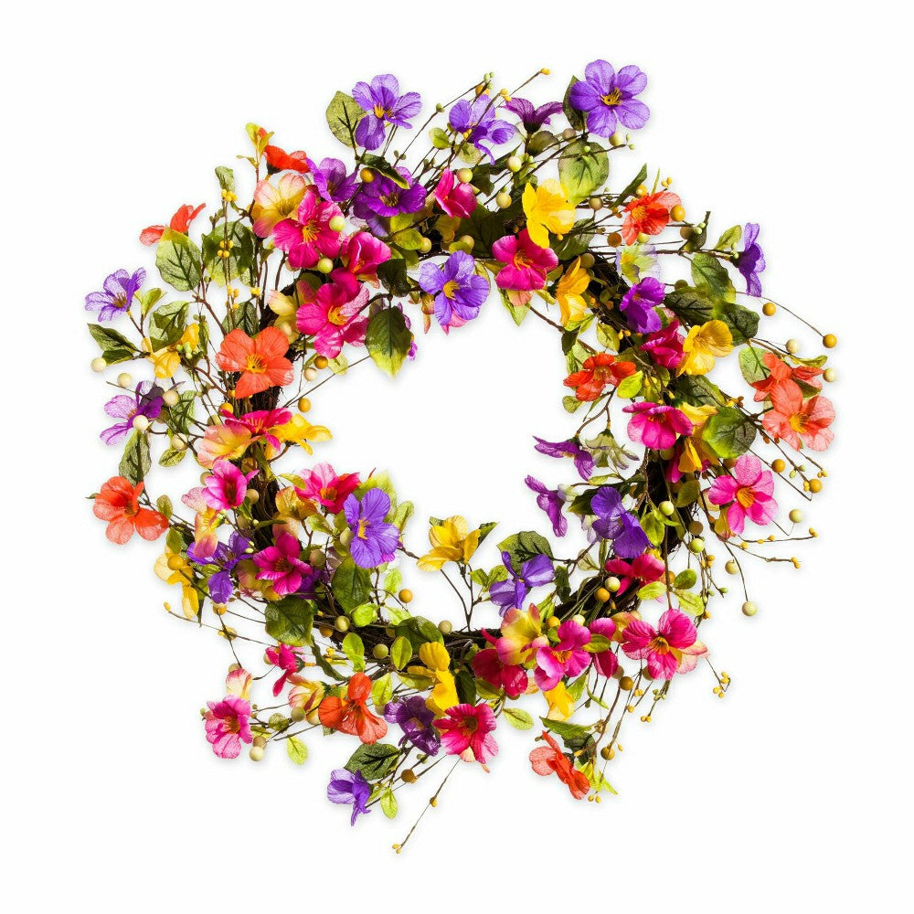 Plow & Hearth 21" Floral Watercolor Wreath with Faux Pansies and Violets