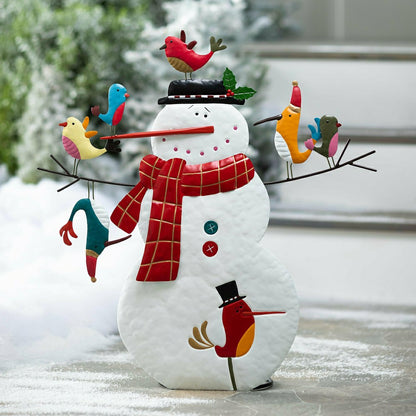 Plow & Hearth Metal Snowman and Birds Garden Statue