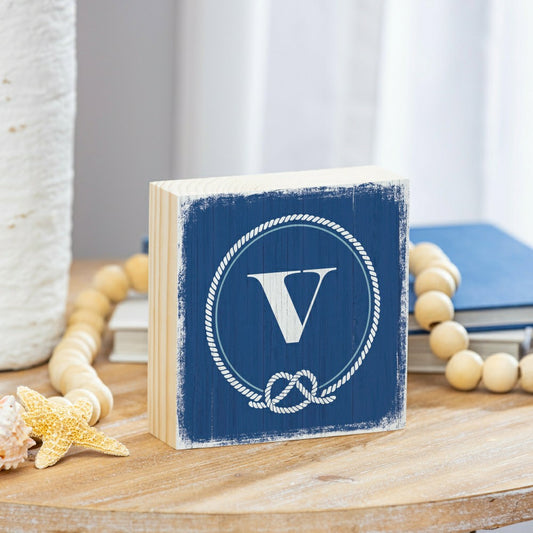 Plow & Hearth Coastal Monogram Nautical Sign Wood Block "V", 6"x6"