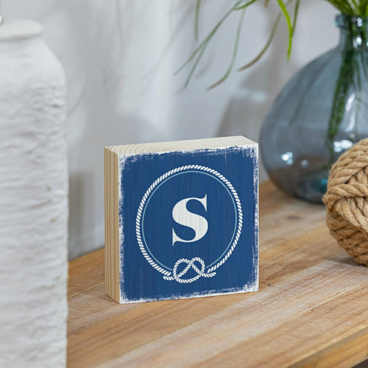 Plow & Hearth Coastal Monogram Nautical Sign Wood Block "S", 6"x6"