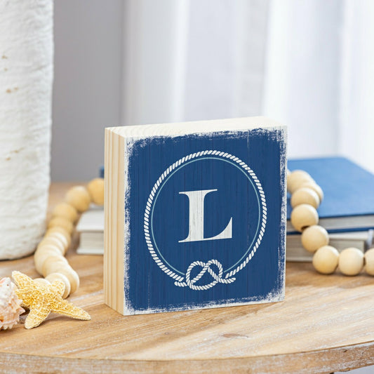 Plow & Hearth Coastal Monogram Nautical Sign Wood Block "L", 6"x6"