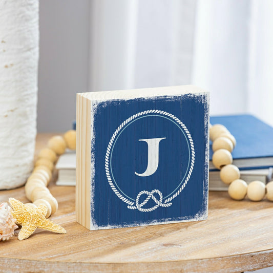 Plow & Hearth Coastal Monogram Nautical Sign Wood Block "J", 6"x6"