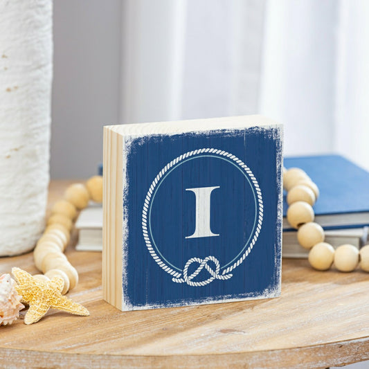 Plow & Hearth Coastal Monogram Nautical Sign Wood Block "I", 6"x6"