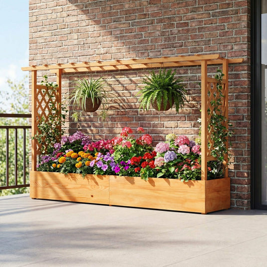 Plow & Hearth Raised Garden Bed Planter Box with Lattice Trellis