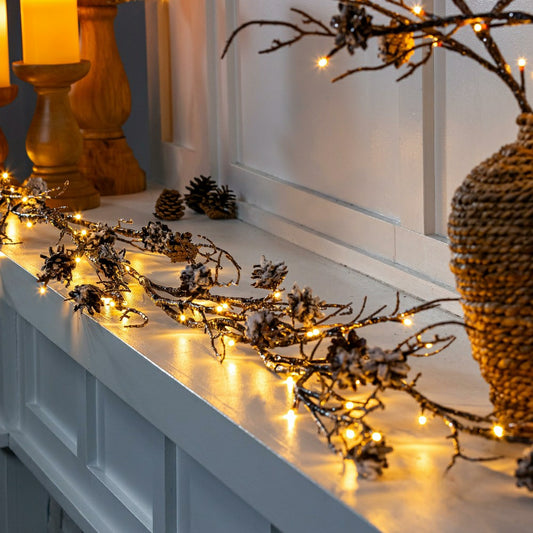 Plow & Hearth Winter Grove Garland Pine Cone Frosted LED Artificial, 72"L