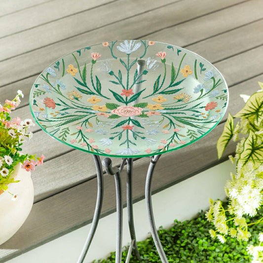 Plow & Hearth What She Shed Birdbath, Glass Folk Art Floral, 18"