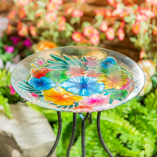 Plow & Hearth Palm Beach Birdbath, Hibiscus Flower Glass Birdbath, 18"