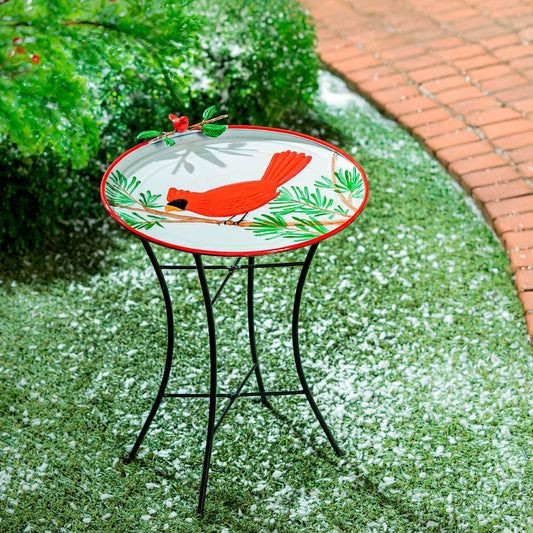 Plow & Hearth Holiday Poinsettia Birdbath, Metal Birdbath with Stand, Cardinal, 16.5
