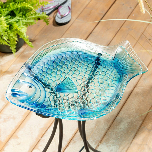 Plow & Hearth Blue Coastal Birdbath, Blue Fish Glass Birdbath, 18"