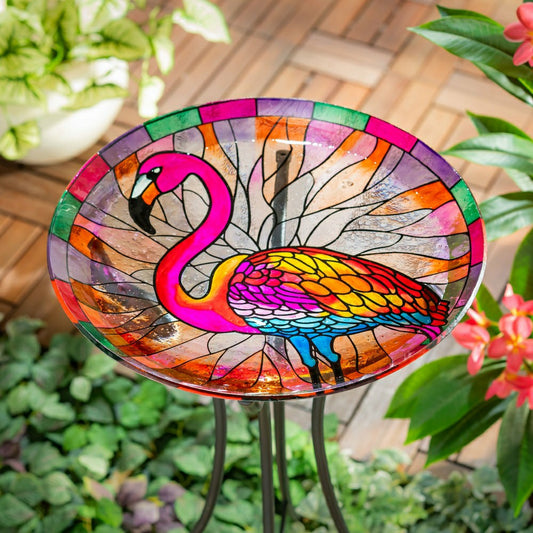 Plow & Hearth Palm Beach Birdbath, Stained Glass Flamingo Birdbath, 18"