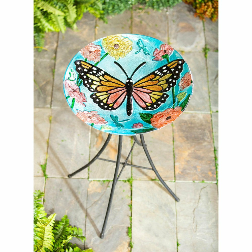 Plow & Hearth 18" Glitter Hand Painted and Embossed Bird Bath, Butterfly