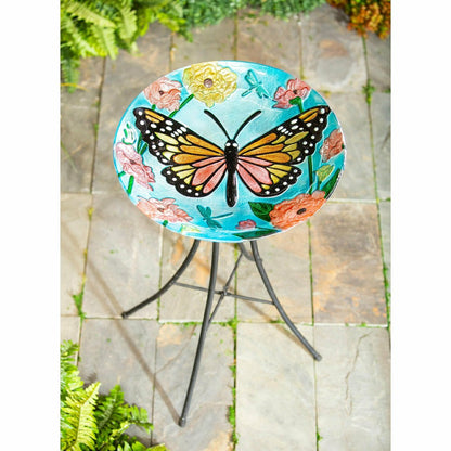 Plow & Hearth 18" Glitter Hand Painted and Embossed Bird Bath, Butterfly