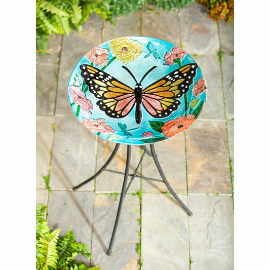 Plow & Hearth 18" Glitter Hand Painted and Embossed Bird Bath, Butterfly