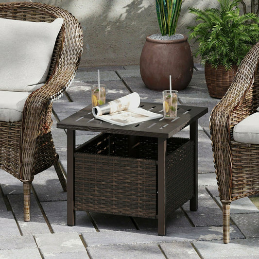 Plow & Hearth Outdoor Side Table All-Weather PE Wicker Patio Table with Umbrella Hol
